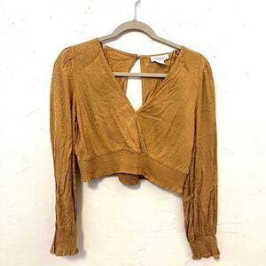 Kirious Open Back Long Sleeve Crop Blouse Gold Elastic Waist Women’s Size Large